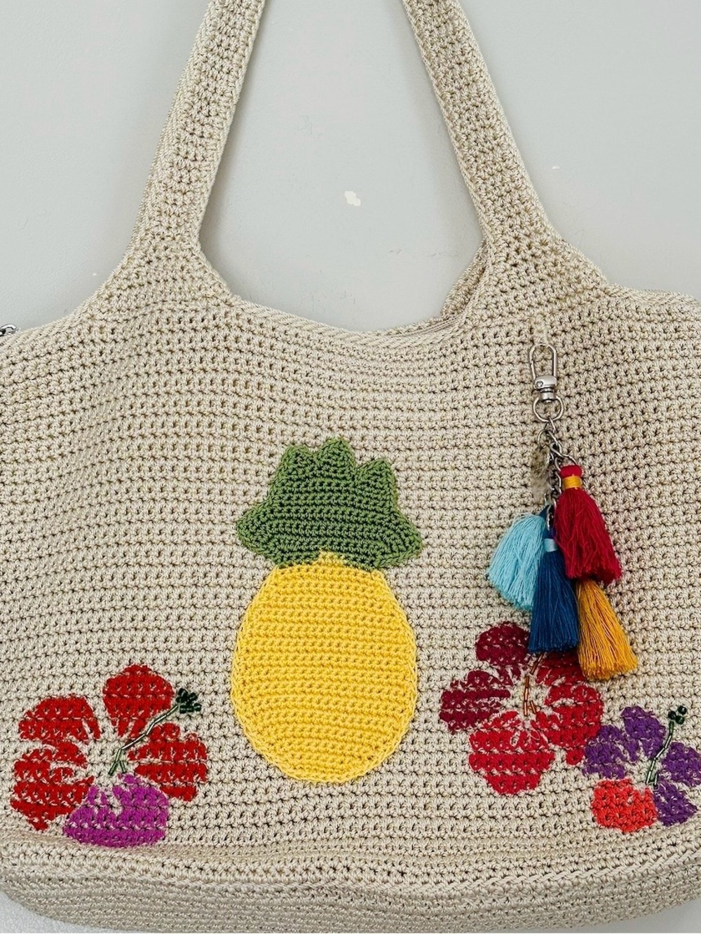 The Sak Handmade Beige Crochet Tote with Pineapple & Floral Appliqué - Picture 3 of 11